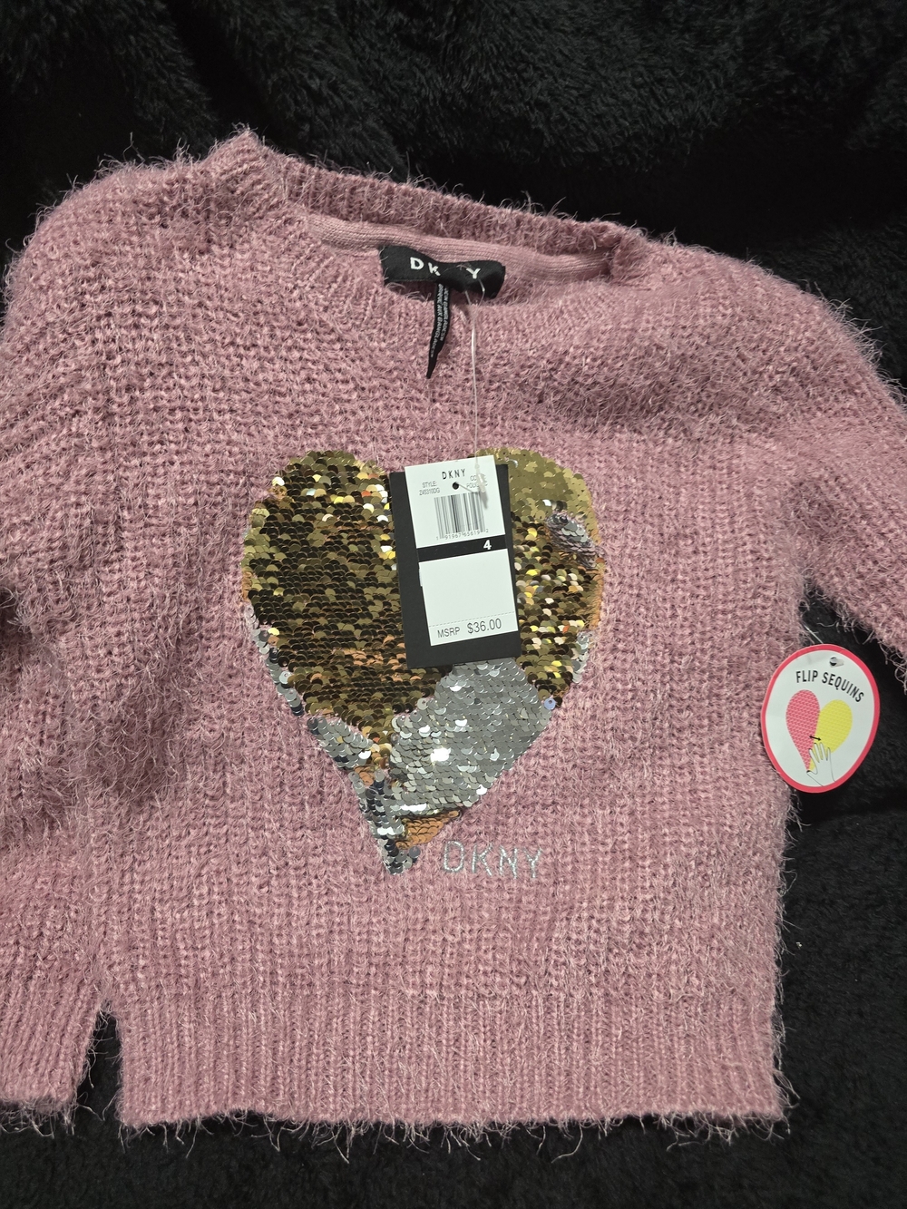 DKNY Pink Girls' Flip-Sequin Heart Sweater